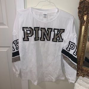 PINK VICTORIA’S SECRET White with silver sequins crew neck long sleeve